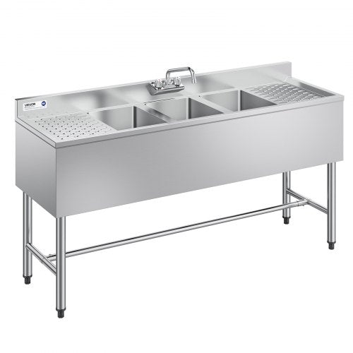 VEVOR 3 Compartment Sink, 18-Gauge 304 Stainless Steel, 10" x 14" x 10" Bowl Size, 3 Bay Commercial Under Bar Sink with Double Drainboard and Backsplash for Kitchen, Restaurant, Food Truck & Home Use - BXGDLSSCMSSCQUJRL001V0 - view 2
