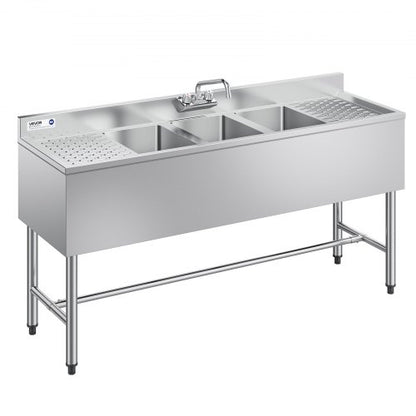 VEVOR 3 Compartment Sink, 18-Gauge 304 Stainless Steel, 10" x 14" x 10" Bowl Size, 3 Bay Commercial Under Bar Sink with Double Drainboard and Backsplash for Kitchen, Restaurant, Food Truck & Home Use - BXGDLSSCMSSCQUJRL001V0 - view 2