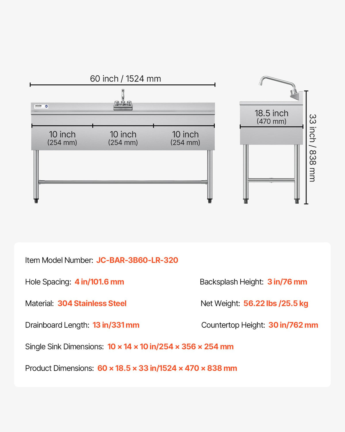 VEVOR 3 Compartment Sink, 18-Gauge 304 Stainless Steel, 10" x 14" x 10" Bowl Size, 3 Bay Commercial Under Bar Sink with Double Drainboard and Backsplash for Kitchen, Restaurant, Food Truck & Home Use - BXGDLSSCMSSCQUJRL001V0 - view 8