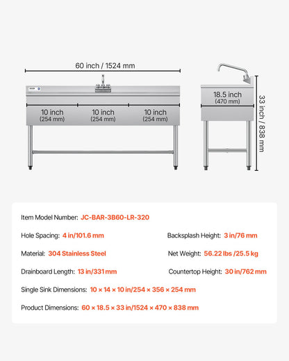 VEVOR 3 Compartment Sink, 18-Gauge 304 Stainless Steel, 10" x 14" x 10" Bowl Size, 3 Bay Commercial Under Bar Sink with Double Drainboard and Backsplash for Kitchen, Restaurant, Food Truck & Home Use - BXGDLSSCMSSCQUJRL001V0 - view 8
