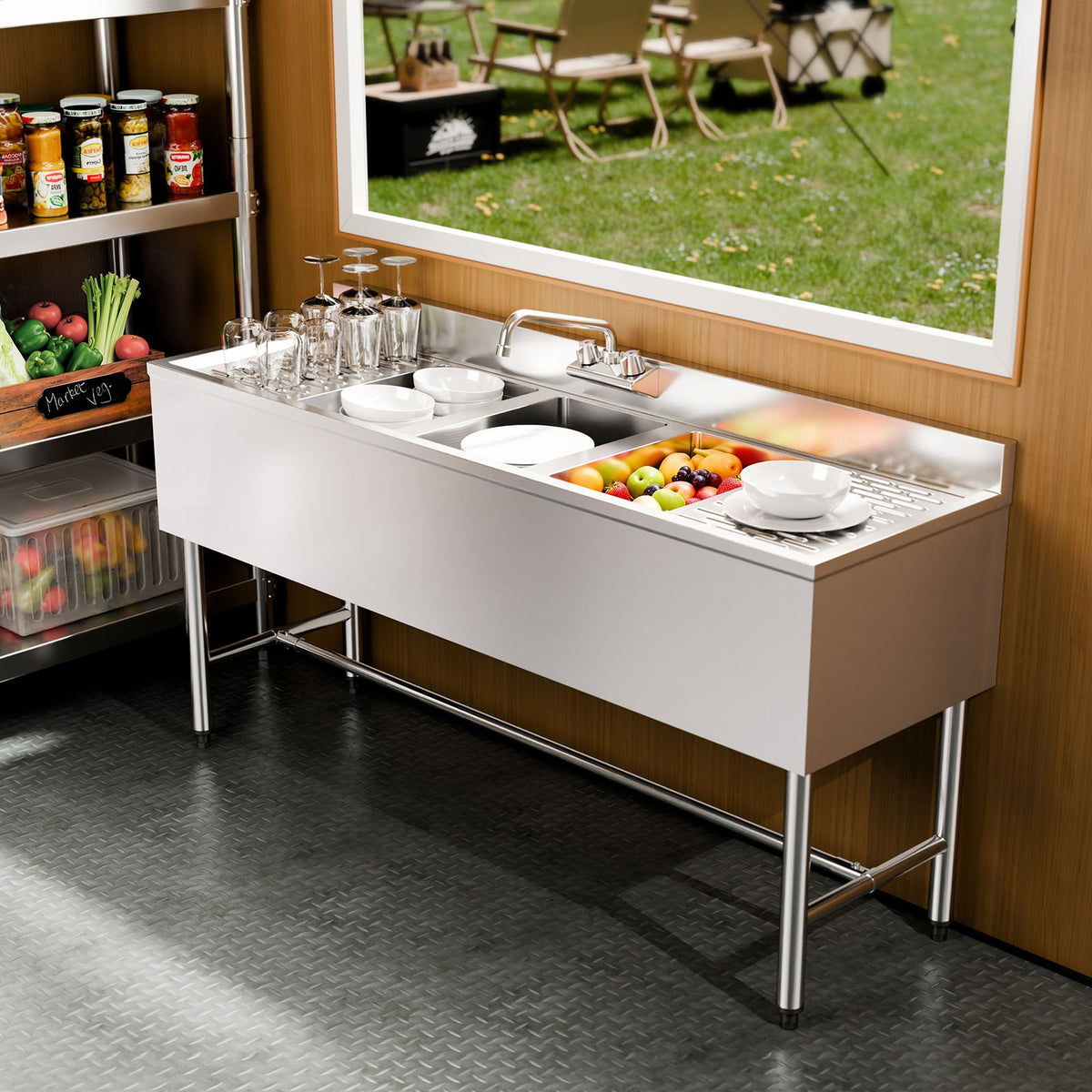 VEVOR 3 Compartment Sink, 18-Gauge 304 Stainless Steel, 10" x 14" x 10" Bowl Size, 3 Bay Commercial Under Bar Sink with Double Drainboard and Backsplash for Kitchen, Restaurant, Food Truck & Home Use - BXGDLSSCMSSCQUJRL001V0 - view 9