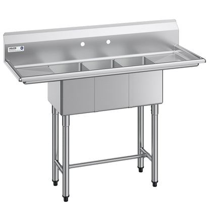 VEVOR 3 Compartment Sink, 18-Gauge 304 Stainless Steel, 10" x 14" x 10" Bowl Size, 3 Bay Commercial Kitchen Prep & Utility Sink with 2 Drainboards and Backsplash for Restaurant, Food Truck & Home Use - BXGDLSSCMSSCSNYC7001V0 - view 1