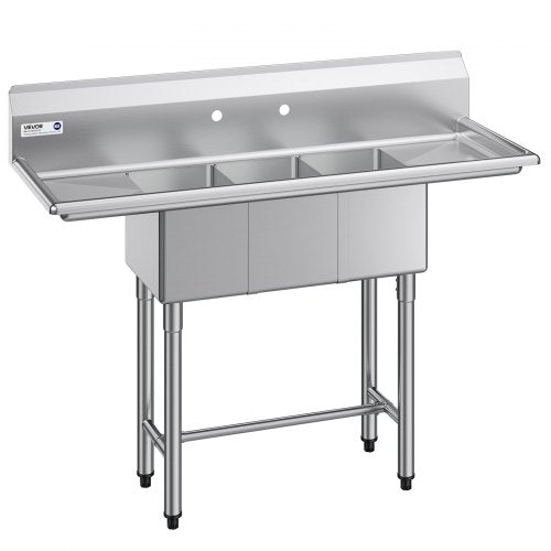 VEVOR 3 Compartment Sink, 18-Gauge 304 Stainless Steel, 10" x 14" x 10" Bowl Size, 3 Bay Commercial Kitchen Prep & Utility Sink with 2 Drainboards and Backsplash for Restaurant, Food Truck & Home Use - BXGDLSSCMSSCSNYC7001V0 - view 2