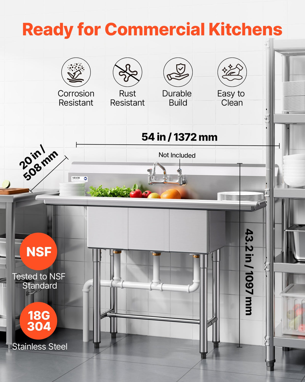 VEVOR 3 Compartment Sink, 18-Gauge 304 Stainless Steel, 10" x 14" x 10" Bowl Size, 3 Bay Commercial Kitchen Prep & Utility Sink with 2 Drainboards and Backsplash for Restaurant, Food Truck & Home Use - BXGDLSSCMSSCSNYC7001V0 - view 3
