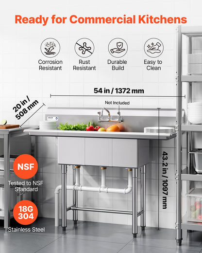 VEVOR 3 Compartment Sink, 18-Gauge 304 Stainless Steel, 10" x 14" x 10" Bowl Size, 3 Bay Commercial Kitchen Prep & Utility Sink with 2 Drainboards and Backsplash for Restaurant, Food Truck & Home Use - BXGDLSSCMSSCSNYC7001V0 - view 3