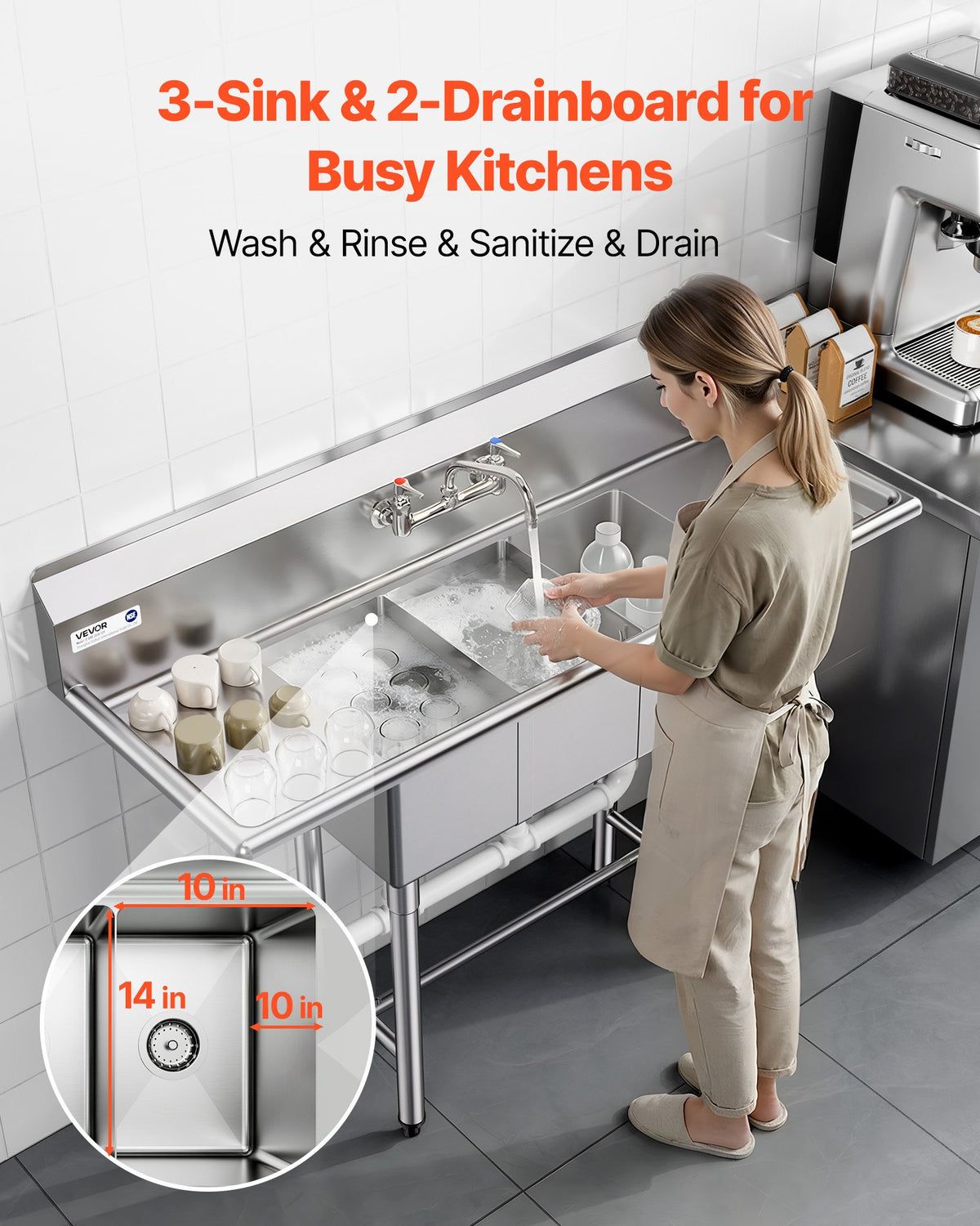VEVOR 3 Compartment Sink, 18-Gauge 304 Stainless Steel, 10" x 14" x 10" Bowl Size, 3 Bay Commercial Kitchen Prep & Utility Sink with 2 Drainboards and Backsplash for Restaurant, Food Truck & Home Use - BXGDLSSCMSSCSNYC7001V0 - view 4