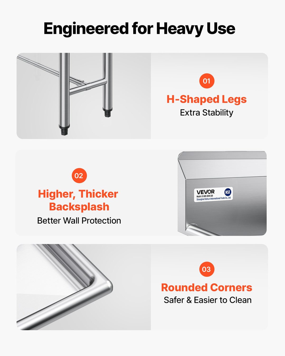 VEVOR 3 Compartment Sink, 18-Gauge 304 Stainless Steel, 10" x 14" x 10" Bowl Size, 3 Bay Commercial Kitchen Prep & Utility Sink with 2 Drainboards and Backsplash for Restaurant, Food Truck & Home Use - BXGDLSSCMSSCSNYC7001V0 - view 5