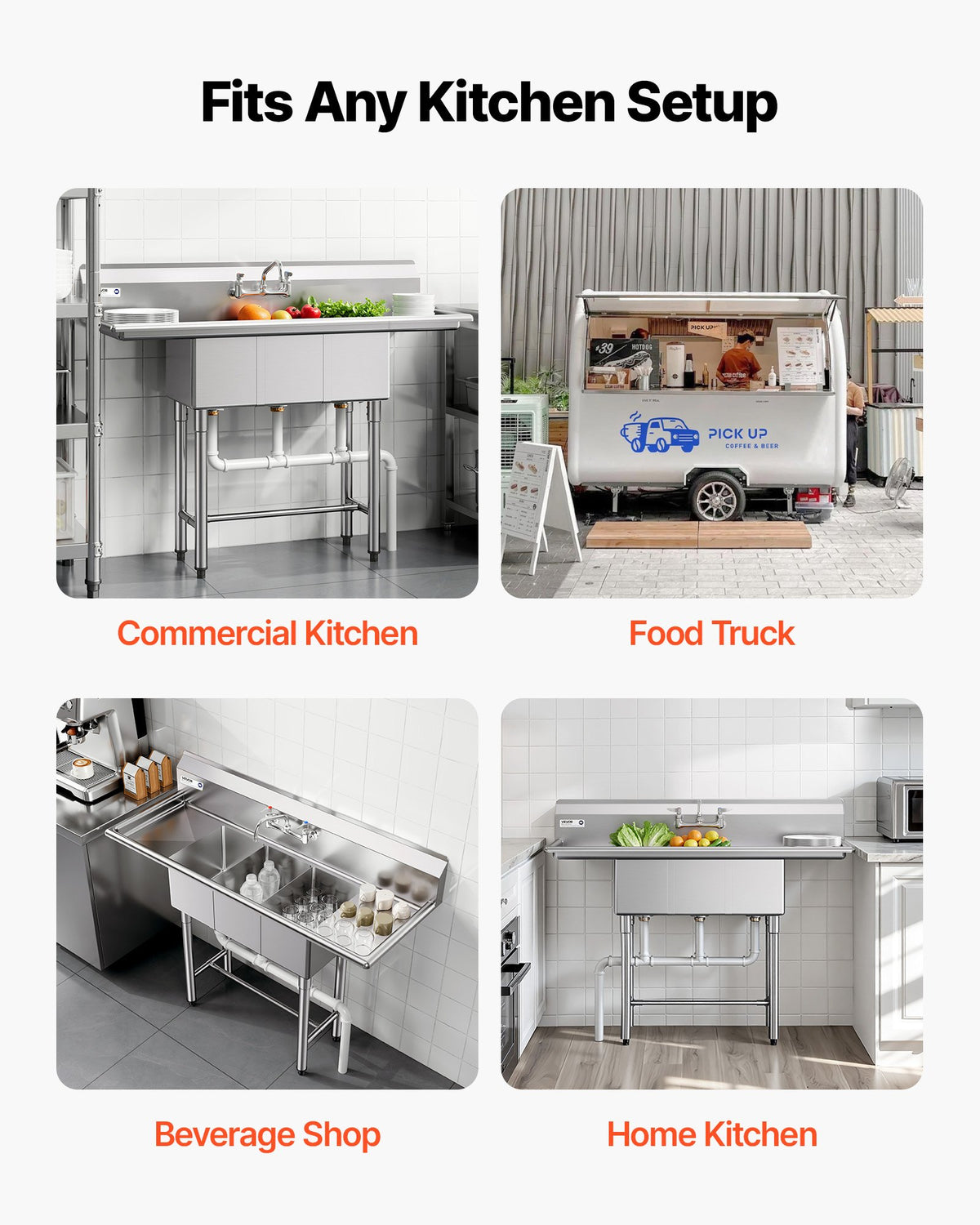VEVOR 3 Compartment Sink, 18-Gauge 304 Stainless Steel, 10" x 14" x 10" Bowl Size, 3 Bay Commercial Kitchen Prep & Utility Sink with 2 Drainboards and Backsplash for Restaurant, Food Truck & Home Use - BXGDLSSCMSSCSNYC7001V0 - view 7
