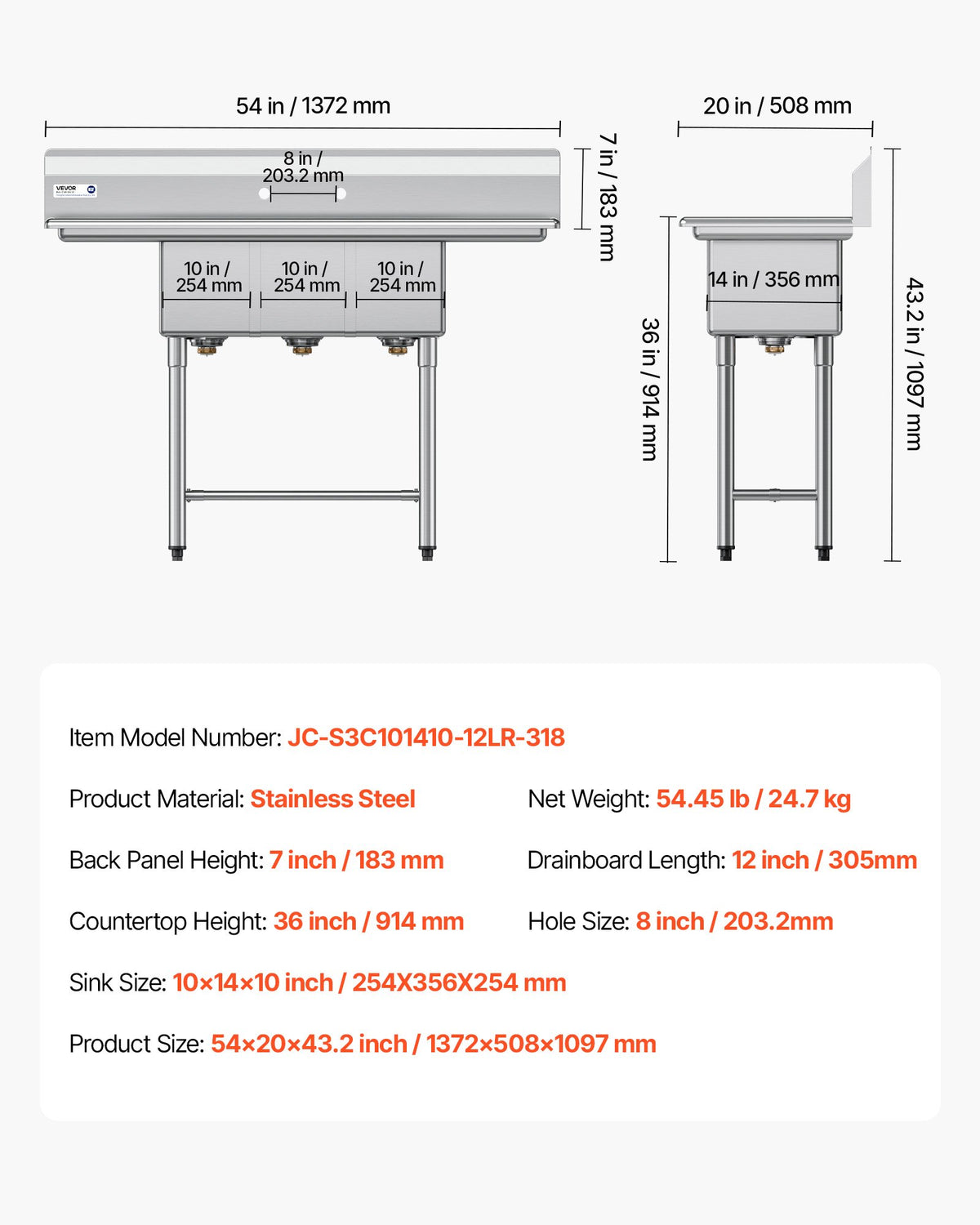 VEVOR 3 Compartment Sink, 18-Gauge 304 Stainless Steel, 10" x 14" x 10" Bowl Size, 3 Bay Commercial Kitchen Prep & Utility Sink with 2 Drainboards and Backsplash for Restaurant, Food Truck & Home Use - BXGDLSSCMSSCSNYC7001V0 - view 8