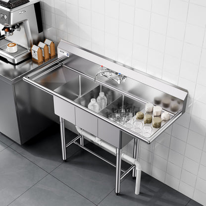 VEVOR 3 Compartment Sink, 18-Gauge 304 Stainless Steel, 10" x 14" x 10" Bowl Size, 3 Bay Commercial Kitchen Prep & Utility Sink with 2 Drainboards and Backsplash for Restaurant, Food Truck & Home Use - BXGDLSSCMSSCSNYC7001V0 - view 9