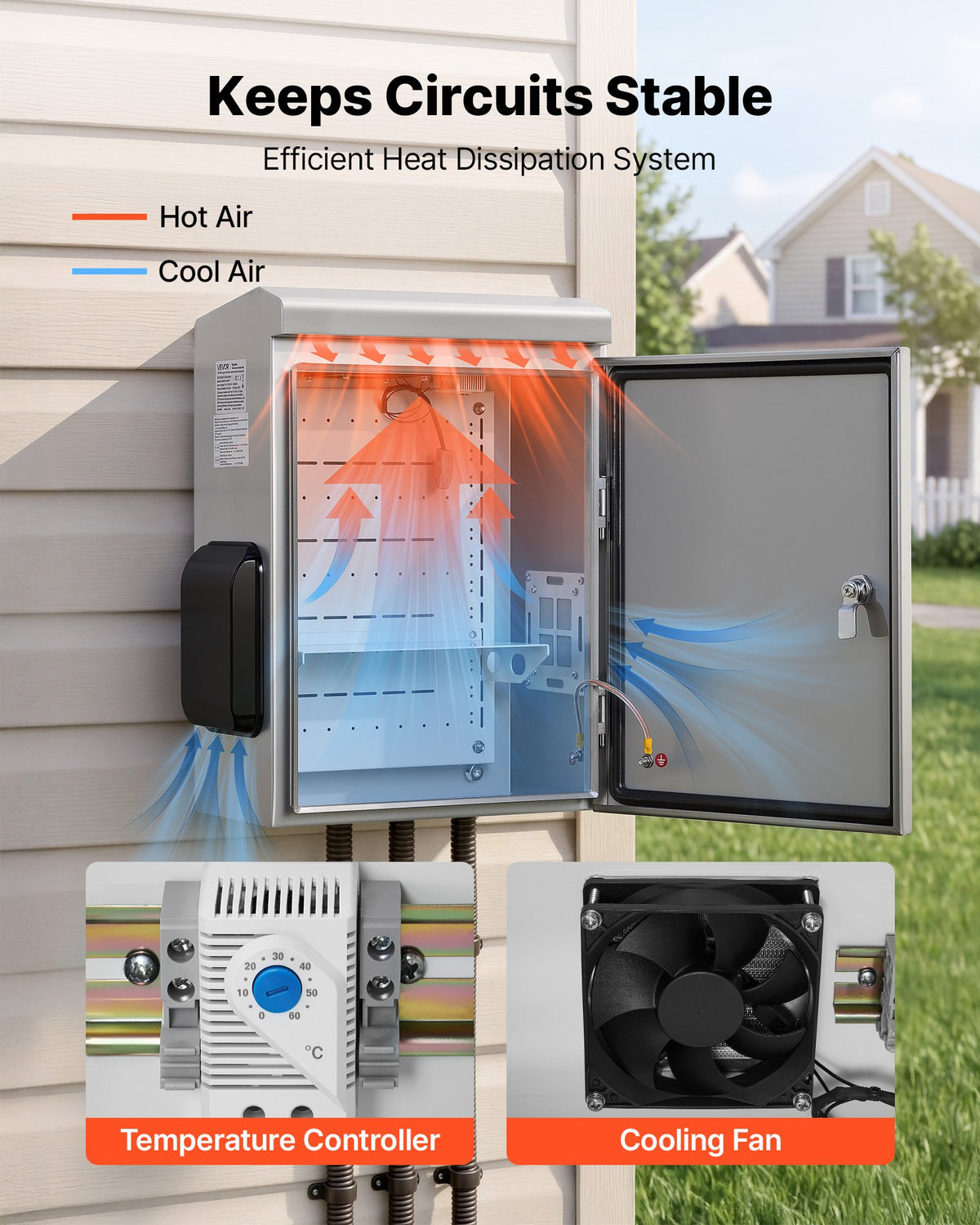 VEVOR Outdoor Electrical Box, 20 x 16 x 8 in, Stainless Steel Ventilated Electrical Enclosure with Thermostat and Fan, Rain Hood, Hinge Connection, IP65 Waterproof Junction Box, Wall/Pole Mounted, - BXGDQX20168IUL8ZJ001V7 - view 4