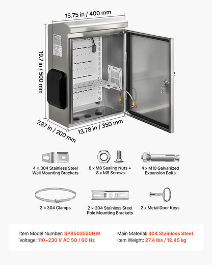 VEVOR Outdoor Electrical Box, 20 x 16 x 8 in, Stainless Steel Ventilated Electrical Enclosure with Thermostat and Fan, Rain Hood, Hinge Connection, IP65 Waterproof Junction Box, Wall/Pole Mounted, - BXGDQX20168IUL8ZJ001V7 - view 8