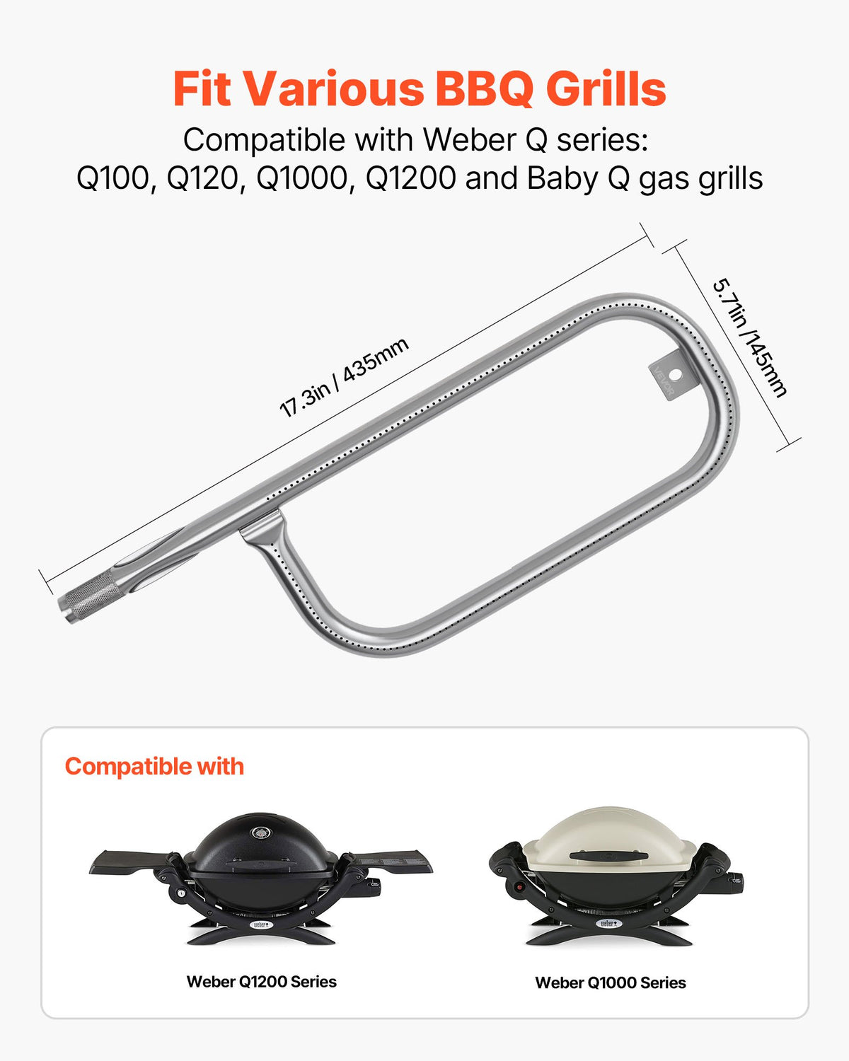 VEVOR Grill Burner Tube for Weber Q100, Q120, Q1000, Q1200, Baby Q Gas Grills, 17 inch 304 Stainless Steel Tube Burner for Weber 516001, 516002, 50060001, Replacement Part 69957, 60040, 41657, 45657 - BXGGRSQPX17ILAPUR001V0 - view 3