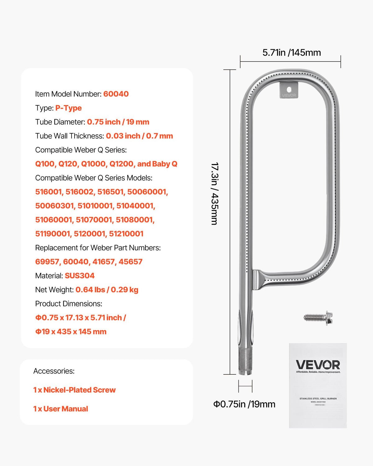 VEVOR Grill Burner Tube for Weber Q100, Q120, Q1000, Q1200, Baby Q Gas Grills, 17 inch 304 Stainless Steel Tube Burner for Weber 516001, 516002, 50060001, Replacement Part 69957, 60040, 41657, 45657 - BXGGRSQPX17ILAPUR001V0 - view 8