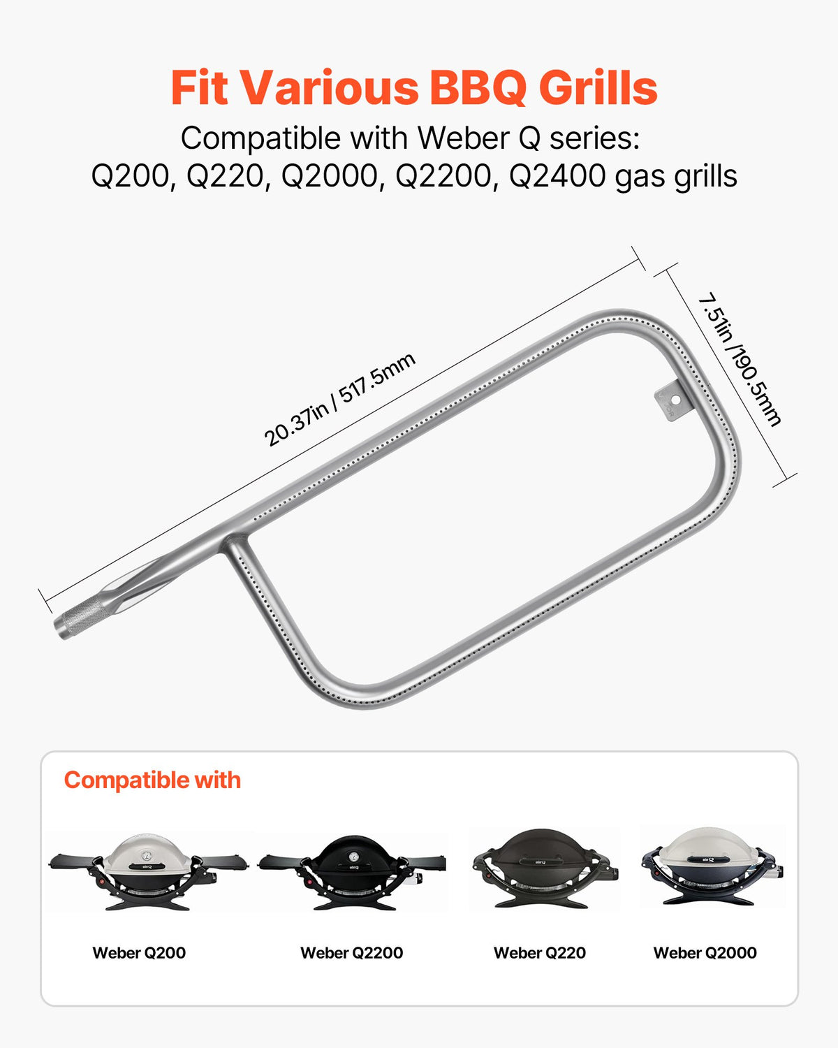 VEVOR Grill Burner Tube for Weber Q200, Q220, Q2000, Q2200, Q2400, 20.5 inch 304 Stainless Steel Tube Burner for Weber 396000, 396001, 396002, 566002, 53060001, Replacement Part 60041, 69956, 41862 - BXGGRSQPX205MQWM9001V0 - view 3