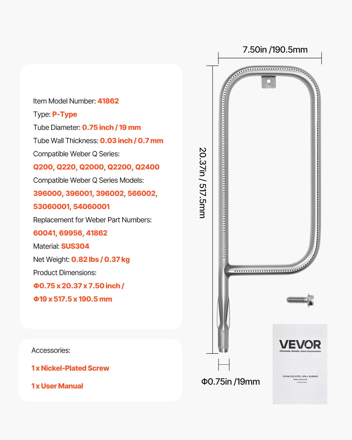 VEVOR Grill Burner Tube for Weber Q200, Q220, Q2000, Q2200, Q2400, 20.5 inch 304 Stainless Steel Tube Burner for Weber 396000, 396001, 396002, 566002, 53060001, Replacement Part 60041, 69956, 41862 - BXGGRSQPX205MQWM9001V0 - view 8