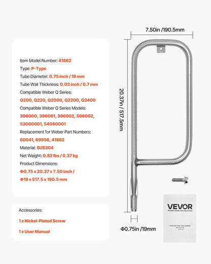 VEVOR Grill Burner Tube for Weber Q200, Q220, Q2000, Q2200, Q2400, 20.5 inch 304 Stainless Steel Tube Burner for Weber 396000, 396001, 396002, 566002, 53060001, Replacement Part 60041, 69956, 41862 - BXGGRSQPX205MQWM9001V0 - view 8
