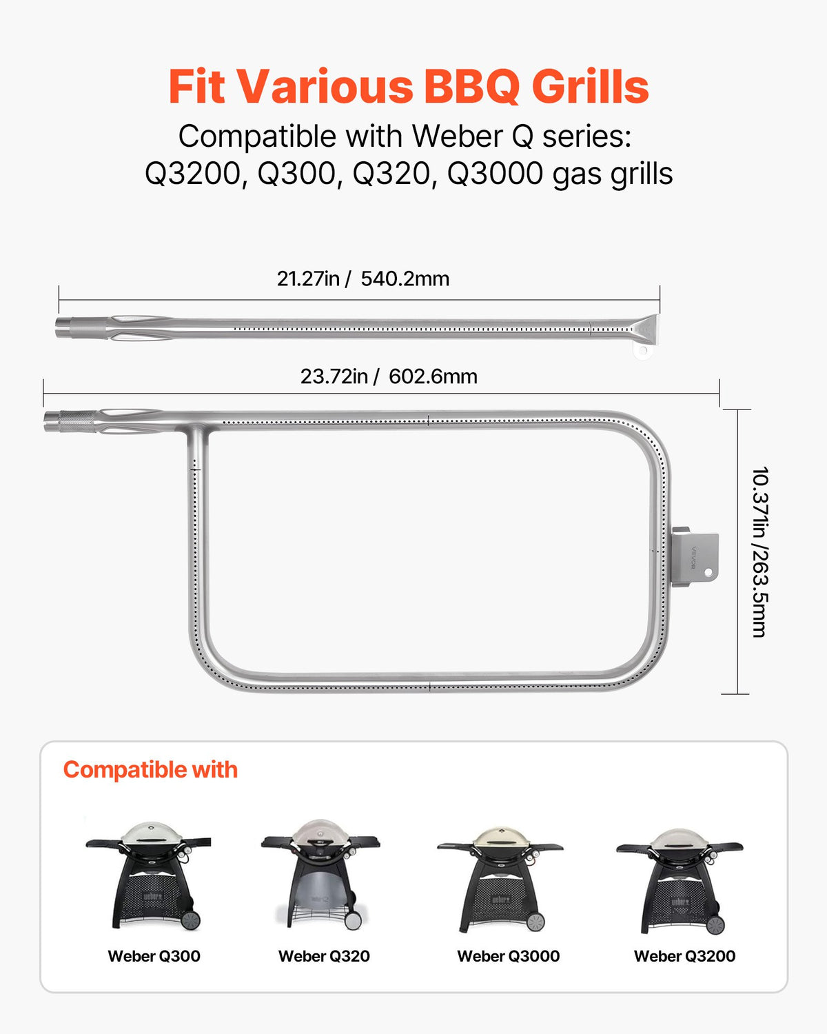 VEVOR Grill Burner Tube for Weber Q3200, Q300 (2013 & earlier), Q320, Q3000 (2014 & newer), 23.75 inch 304 Stainless Steel Tube Burner for Weber 404341, 57060001, 586002, Replacement Part 60036, 80385 - BXGGRSQPX2379RGET001V0 - view 3