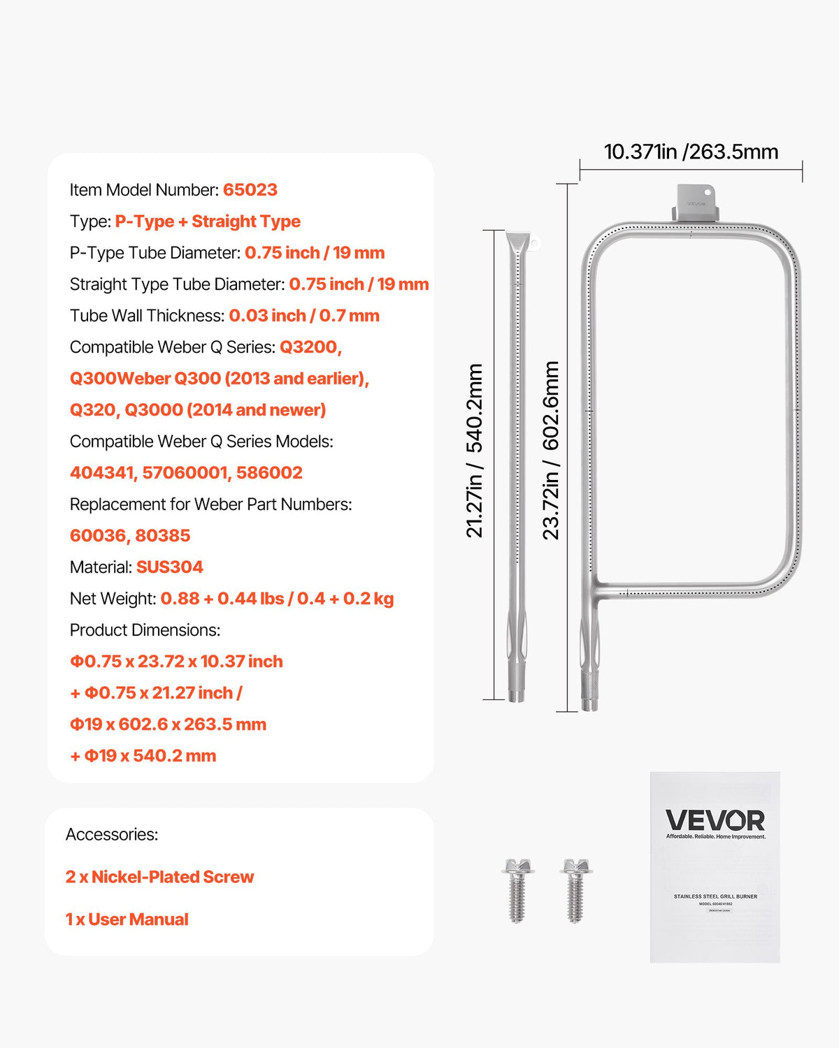 VEVOR Grill Burner Tube for Weber Q3200, Q300 (2013 & earlier), Q320, Q3000 (2014 & newer), 23.75 inch 304 Stainless Steel Tube Burner for Weber 404341, 57060001, 586002, Replacement Part 60036, 80385 - BXGGRSQPX2379RGET001V0 - view 8