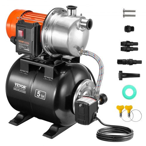 VEVOR 1.6 HP Shallow Well Pump with Pressure Tank, 1320 GPH, Automatic Irrigation Water Booster Pump with 5-Gal Pressure Tank 30/50 PSI Pressure Switch, Stainless Steel Pump Head for Home Garden Lawn - BXGGSJB16HP1A0DHKV1 - view 2