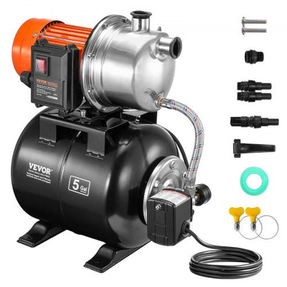 VEVOR 1.6 HP Shallow Well Pump with Pressure Tank, 1320 GPH, Automatic Irrigation Water Booster Pump with 5-Gal Pressure Tank 30/50 PSI Pressure Switch, Stainless Steel Pump Head for Home Garden Lawn - BXGGSJB16HP1A0DHKV1 - view 2