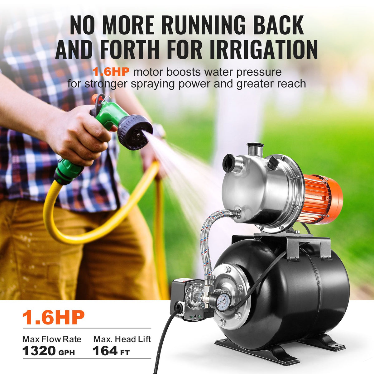VEVOR 1.6 HP Shallow Well Pump with Pressure Tank, 1320 GPH, Automatic Irrigation Water Booster Pump with 5-Gal Pressure Tank 30/50 PSI Pressure Switch, Stainless Steel Pump Head for Home Garden Lawn - BXGGSJB16HP1A0DHKV1 - view 4