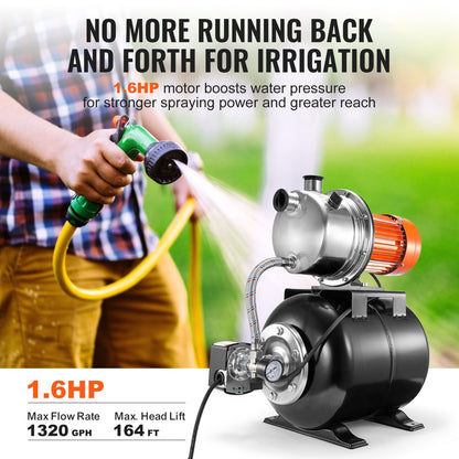 VEVOR 1.6 HP Shallow Well Pump with Pressure Tank, 1320 GPH, Automatic Irrigation Water Booster Pump with 5-Gal Pressure Tank 30/50 PSI Pressure Switch, Stainless Steel Pump Head for Home Garden Lawn - BXGGSJB16HP1A0DHKV1 - view 4