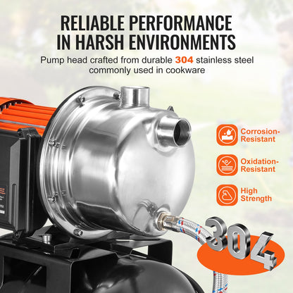 VEVOR 1.6 HP Shallow Well Pump with Pressure Tank, 1320 GPH, Automatic Irrigation Water Booster Pump with 5-Gal Pressure Tank 30/50 PSI Pressure Switch, Stainless Steel Pump Head for Home Garden Lawn - BXGGSJB16HP1A0DHKV1 - view 5