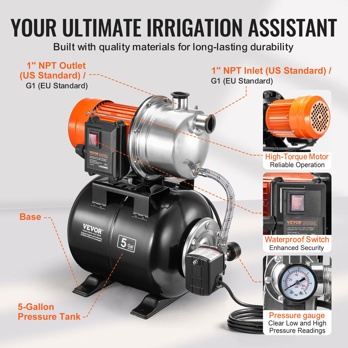 VEVOR 1.6 HP Shallow Well Pump with Pressure Tank, 1320 GPH, Automatic Irrigation Water Booster Pump with 5-Gal Pressure Tank 30/50 PSI Pressure Switch, Stainless Steel Pump Head for Home Garden Lawn - BXGGSJB16HP1A0DHKV1 - view 7