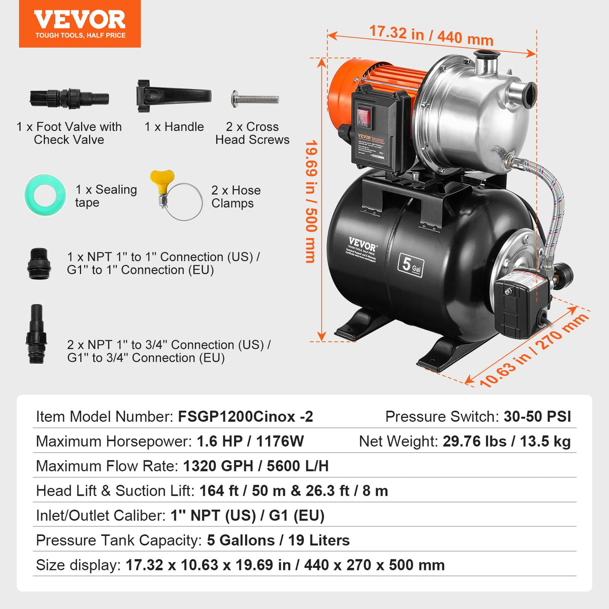 VEVOR 1.6 HP Shallow Well Pump with Pressure Tank, 1320 GPH, Automatic Irrigation Water Booster Pump with 5-Gal Pressure Tank 30/50 PSI Pressure Switch, Stainless Steel Pump Head for Home Garden Lawn - BXGGSJB16HP1A0DHKV1 - view 8