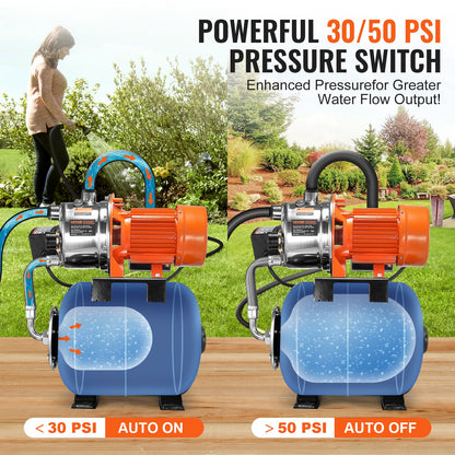 VEVOR 1.6 HP Shallow Well Pump with Pressure Tank, 1320 GPH, Automatic Irrigation Water Booster Pump with 30/50 PSI Pressure Switch for Home Garden Lawn, for Drinking Water Security - BXGGSJB16HP1M5J8EV1 - view 4