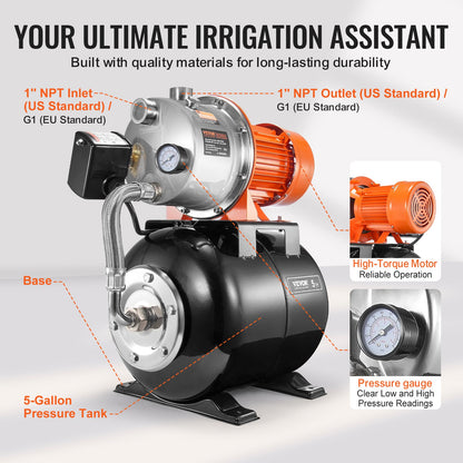 VEVOR 1.6 HP Shallow Well Pump with Pressure Tank, 1320 GPH, Automatic Irrigation Water Booster Pump with 30/50 PSI Pressure Switch for Home Garden Lawn, for Drinking Water Security - BXGGSJB16HP1M5J8EV1 - view 7