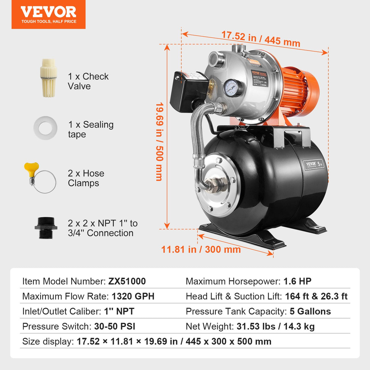 VEVOR 1.6 HP Shallow Well Pump with Pressure Tank, 1320 GPH, Automatic Irrigation Water Booster Pump with 30/50 PSI Pressure Switch for Home Garden Lawn, for Drinking Water Security - BXGGSJB16HP1M5J8EV1 - view 8