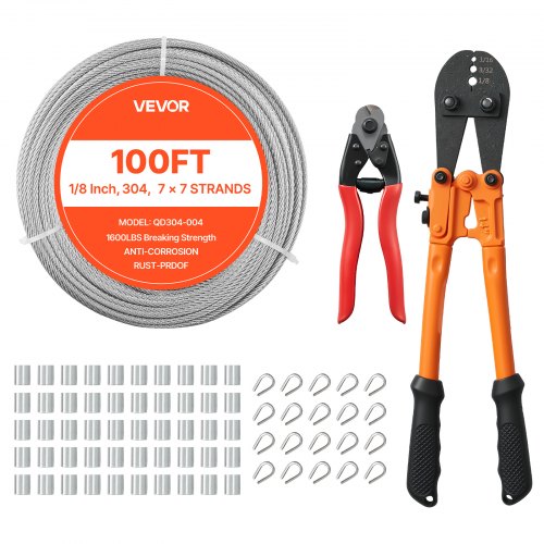 VEVOR 1/8 Inch Wire Rope Kit, 100 ft Length, 304 Stainless Steel Wire Cable with Cutter, 1600 lbs Breaking Strength, 7 x 7 Strands Construction, Steel Cable for Deck Railing System, Garden Trellis - BXGGSSBXG304SDKE0002V0 - view 2