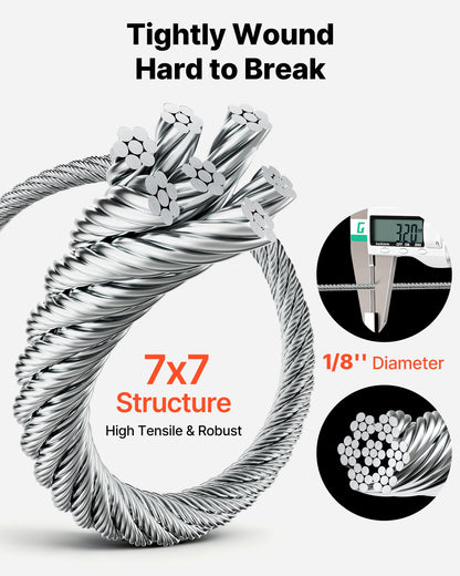 VEVOR 1/8 Inch Wire Rope Kit, 100 ft Length, 304 Stainless Steel Wire Cable with Cutter, 1600 lbs Breaking Strength, 7 x 7 Strands Construction, Steel Cable for Deck Railing System, Garden Trellis - BXGGSSBXG304SDKE0002V0 - view 4