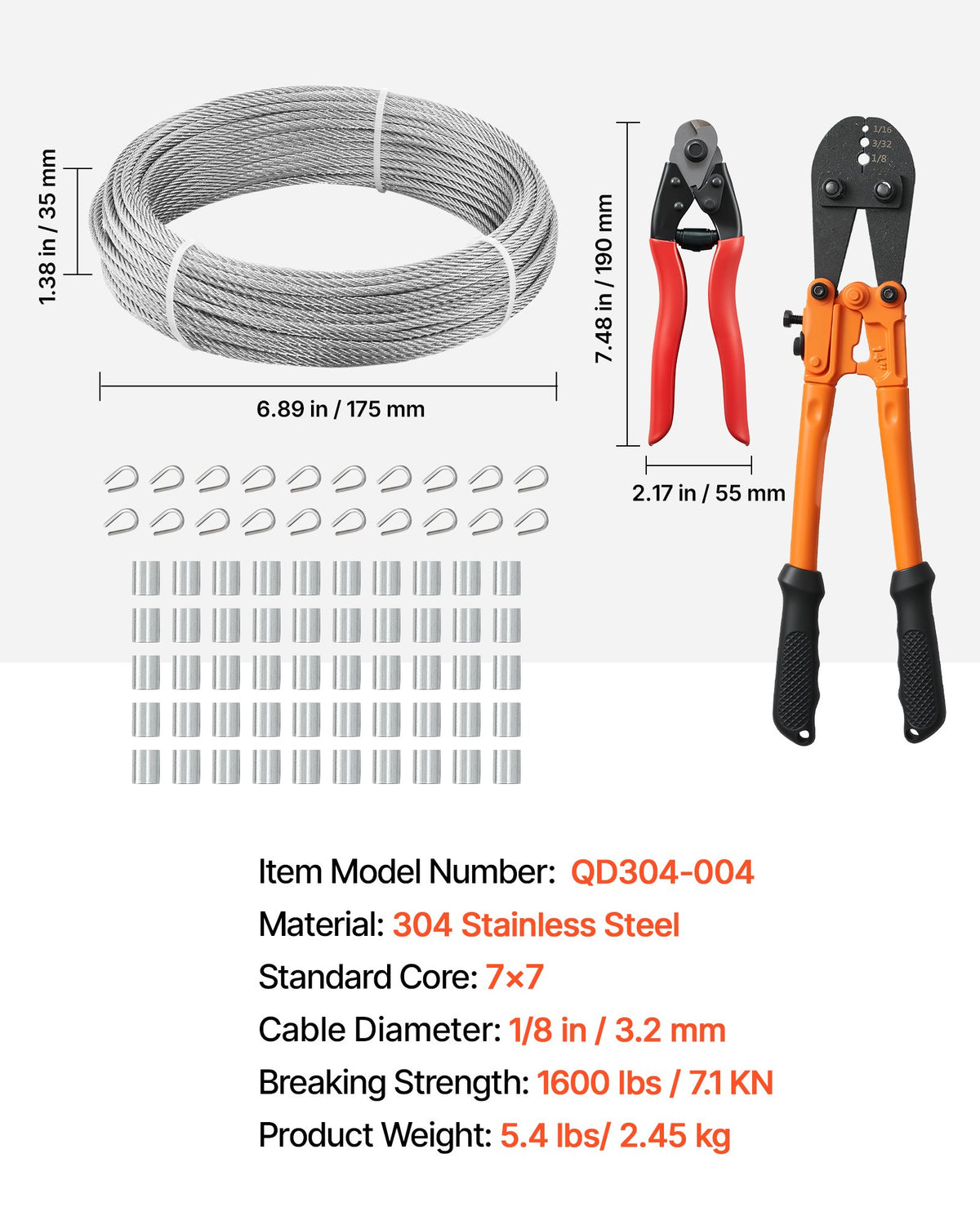 VEVOR 1/8 Inch Wire Rope Kit, 100 ft Length, 304 Stainless Steel Wire Cable with Cutter, 1600 lbs Breaking Strength, 7 x 7 Strands Construction, Steel Cable for Deck Railing System, Garden Trellis - BXGGSSBXG304SDKE0002V0 - view 8