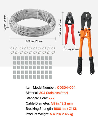 VEVOR 1/8 Inch Wire Rope Kit, 100 ft Length, 304 Stainless Steel Wire Cable with Cutter, 1600 lbs Breaking Strength, 7 x 7 Strands Construction, Steel Cable for Deck Railing System, Garden Trellis - BXGGSSBXG304SDKE0002V0 - view 8
