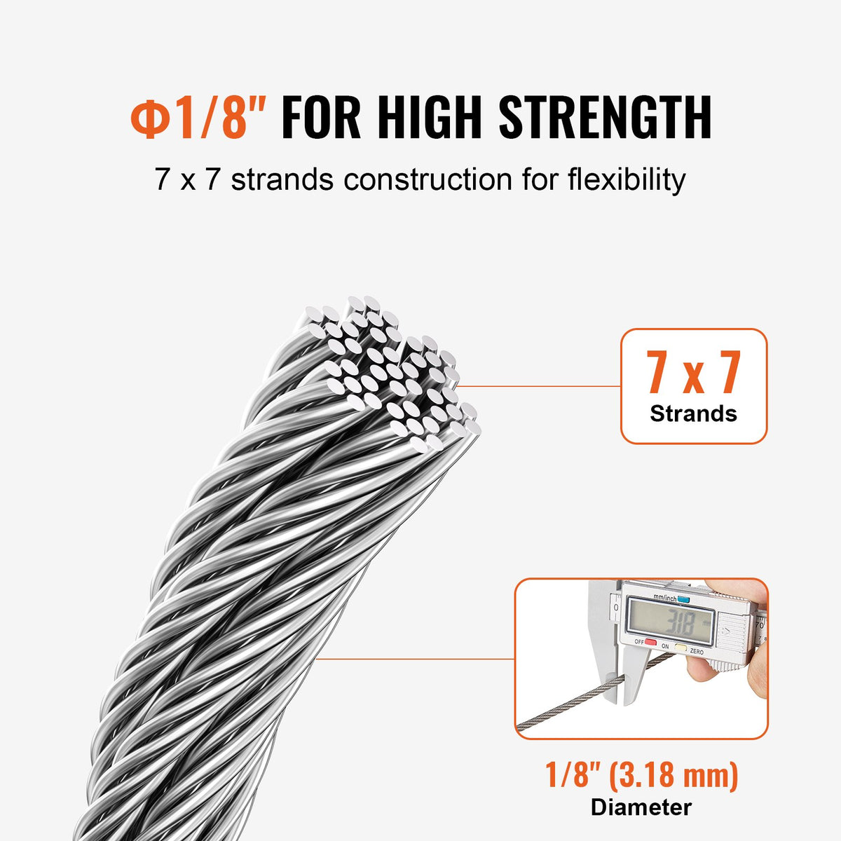 VEVOR Wire Rope Kit, 1/8" 100 ft 304 Stainless Steel Cable with 124 Accessories, 1600 lbs Breaking Strength, 7x7 Strands Construction Marine Aircraft Grade for Handrail Stair Decking Fence Outdoors - BXGGSSBXG304SDKE0V0 - view 4