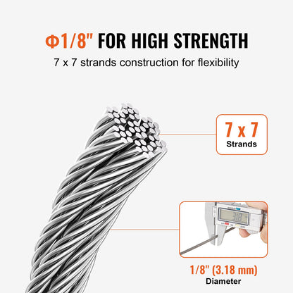 VEVOR Wire Rope Kit, 1/8" 100 ft 304 Stainless Steel Cable with 124 Accessories, 1600 lbs Breaking Strength, 7x7 Strands Construction Marine Aircraft Grade for Handrail Stair Decking Fence Outdoors - BXGGSSBXG304SDKE0V0 - view 4