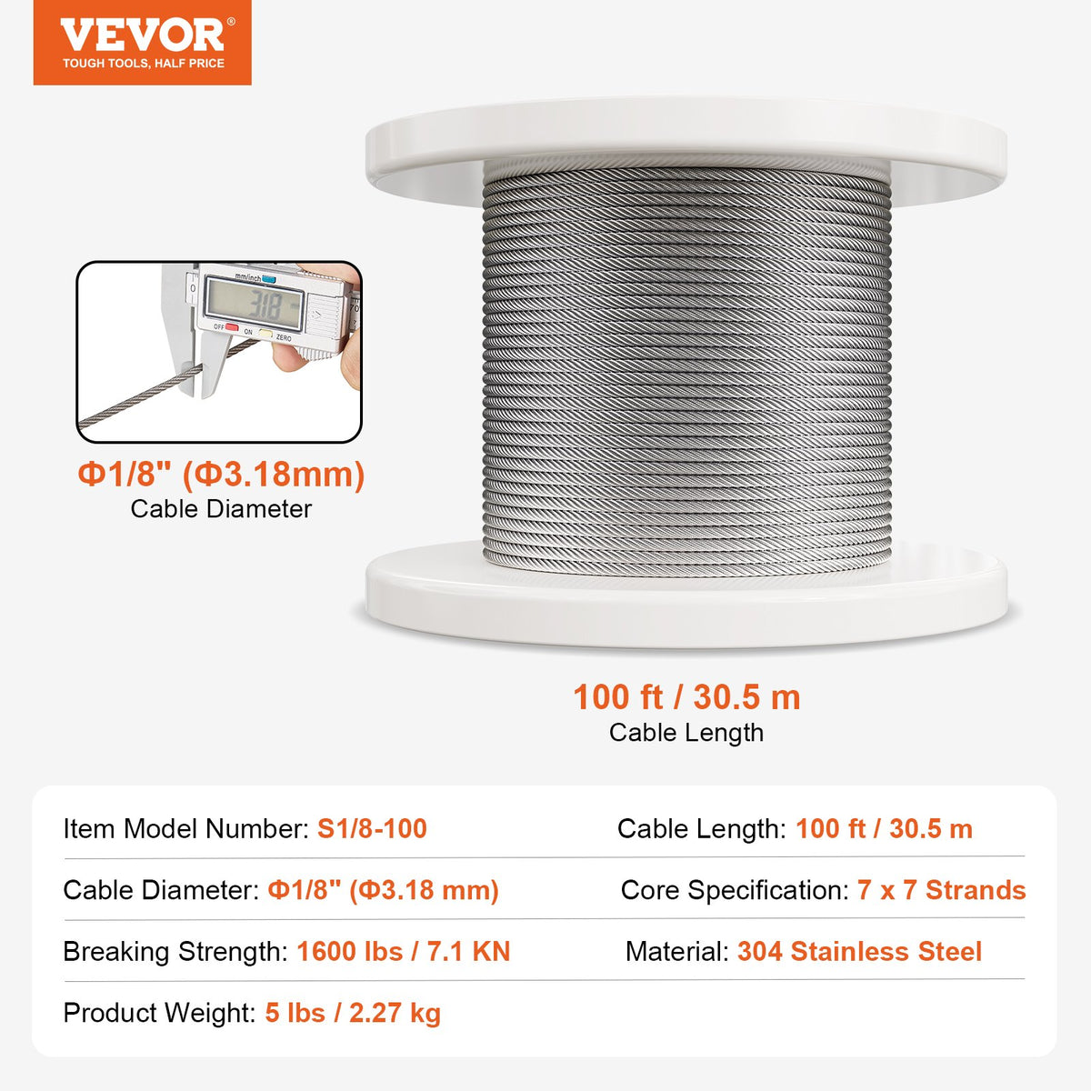 VEVOR Wire Rope Kit, 1/8" 100 ft 304 Stainless Steel Cable with 124 Accessories, 1600 lbs Breaking Strength, 7x7 Strands Construction Marine Aircraft Grade for Handrail Stair Decking Fence Outdoors - BXGGSSBXG304SDKE0V0 - view 8