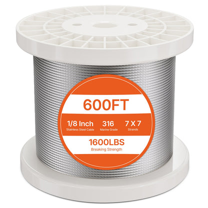 VEVOR Wire Rope Kit, 1/8" 600 ft 316 Stainless Steel Cable with Cutter and Gloves, 1600 lbs Breaking Strength, 7x7 Strands Construction Marine Aircraft Grade for Handrail Stair Decking Fence Outdoors - BXGGSSBXG3160WC09V0 - view 1