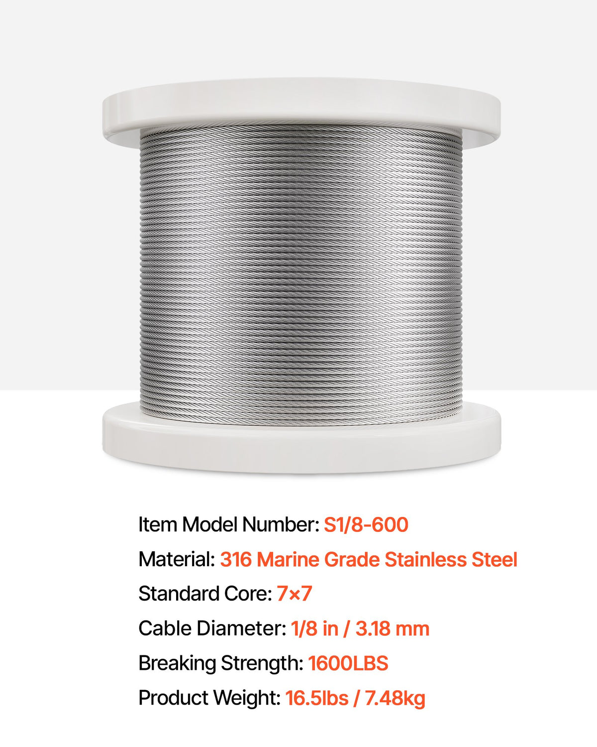 VEVOR Wire Rope Kit, 1/8" 600 ft 316 Stainless Steel Cable with Cutter and Gloves, 1600 lbs Breaking Strength, 7x7 Strands Construction Marine Aircraft Grade for Handrail Stair Decking Fence Outdoors - BXGGSSBXG3160WC09V0 - view 8