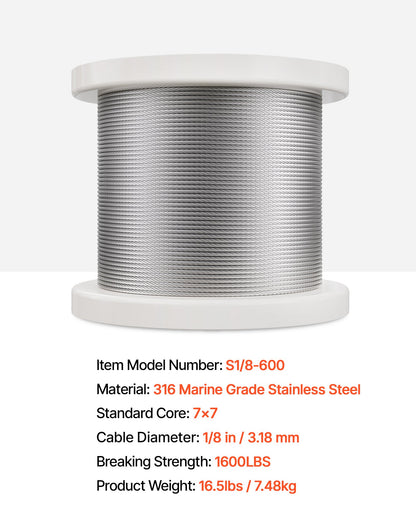 VEVOR Wire Rope Kit, 1/8" 600 ft 316 Stainless Steel Cable with Cutter and Gloves, 1600 lbs Breaking Strength, 7x7 Strands Construction Marine Aircraft Grade for Handrail Stair Decking Fence Outdoors - BXGGSSBXG3160WC09V0 - view 8