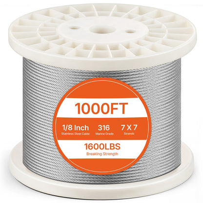 VEVOR Wire Rope Kit, 1/8" 1000 ft 316 Stainless Steel Cable with Cutter and Gloves, 1600 lbs Breaking Strength, 7x7 Strands Construction Marine Aircraft Grade for Handrail Stair Decking Fence Outdoors - BXGGSSBXG3163WG03V0 - view 1