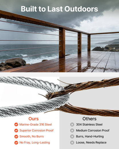VEVOR Wire Rope Kit, 1/8" 1000 ft 316 Stainless Steel Cable with Cutter and Gloves, 1600 lbs Breaking Strength, 7x7 Strands Construction Marine Aircraft Grade for Handrail Stair Decking Fence Outdoors - BXGGSSBXG3163WG03V0 - view 3