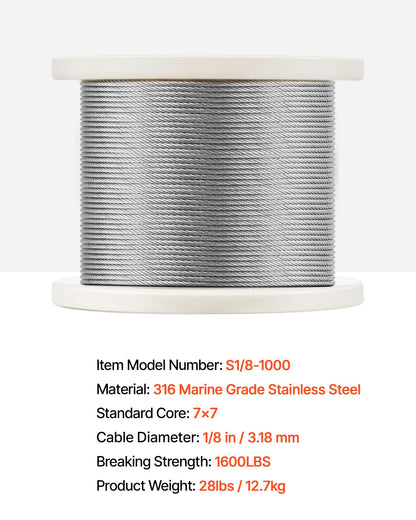 VEVOR Wire Rope Kit, 1/8" 1000 ft 316 Stainless Steel Cable with Cutter and Gloves, 1600 lbs Breaking Strength, 7x7 Strands Construction Marine Aircraft Grade for Handrail Stair Decking Fence Outdoors - BXGGSSBXG3163WG03V0 - view 8