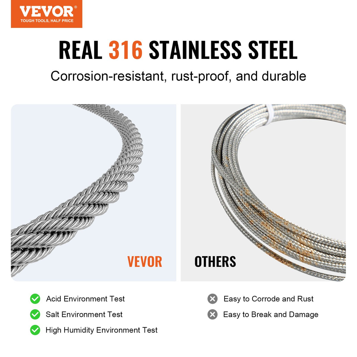 VEVOR Wire Rope Kit, 1/8" 100 ft 316 Stainless Steel Cable with 20 Sleeves and 10 Thimbles, 1600 lbs Breaking Strength, 7x7 Strands Marine Aircraft Grade for Handrail Stair Decking Fence Outdoors - BXGGSSBXG316RO7QDV0 - view 3