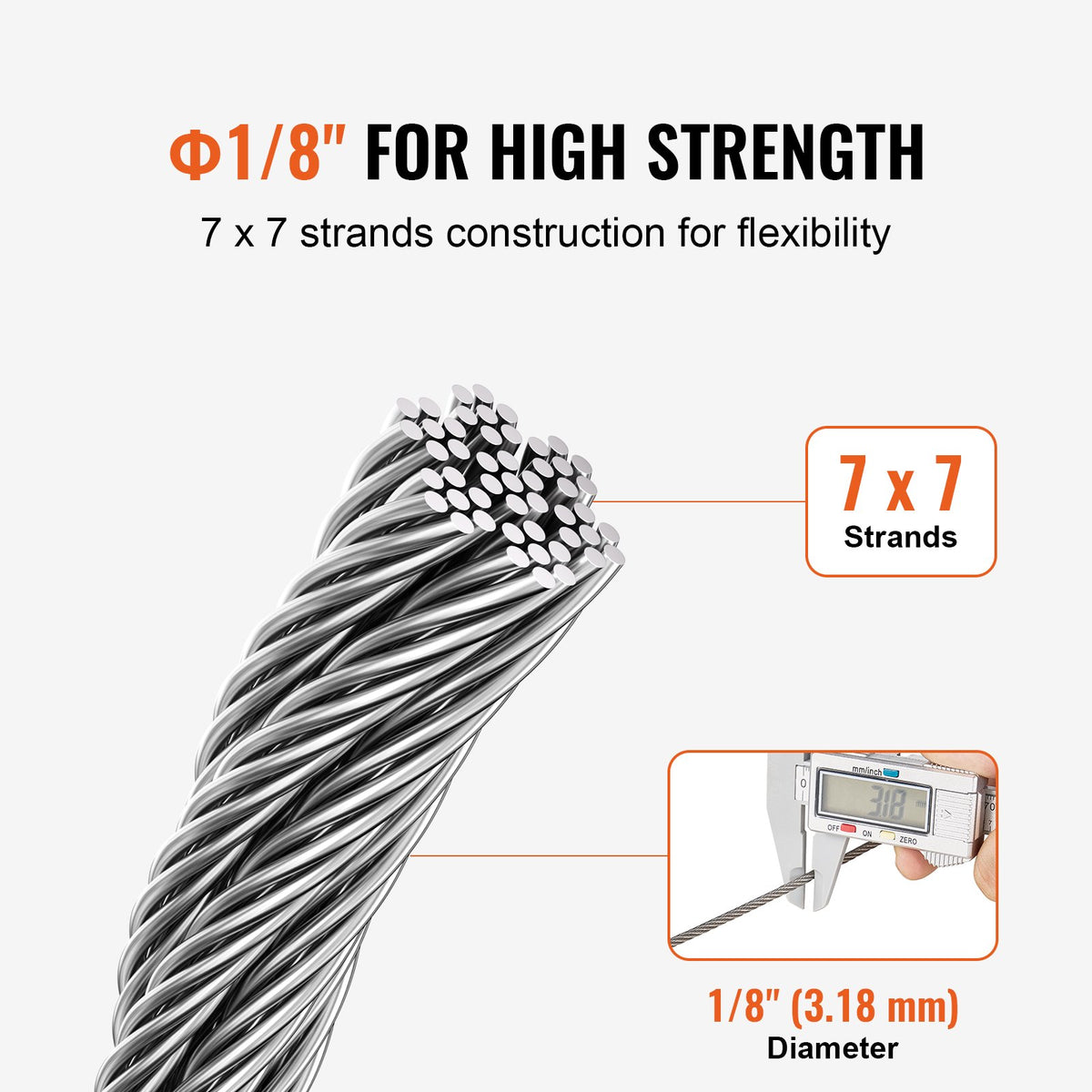 VEVOR Wire Rope Kit, 1/8" 100 ft 316 Stainless Steel Cable with 20 Sleeves and 10 Thimbles, 1600 lbs Breaking Strength, 7x7 Strands Marine Aircraft Grade for Handrail Stair Decking Fence Outdoors - BXGGSSBXG316RO7QDV0 - view 4