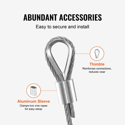 VEVOR Wire Rope Kit, 1/8" 100 ft 316 Stainless Steel Cable with 20 Sleeves and 10 Thimbles, 1600 lbs Breaking Strength, 7x7 Strands Marine Aircraft Grade for Handrail Stair Decking Fence Outdoors - BXGGSSBXG316RO7QDV0 - view 7
