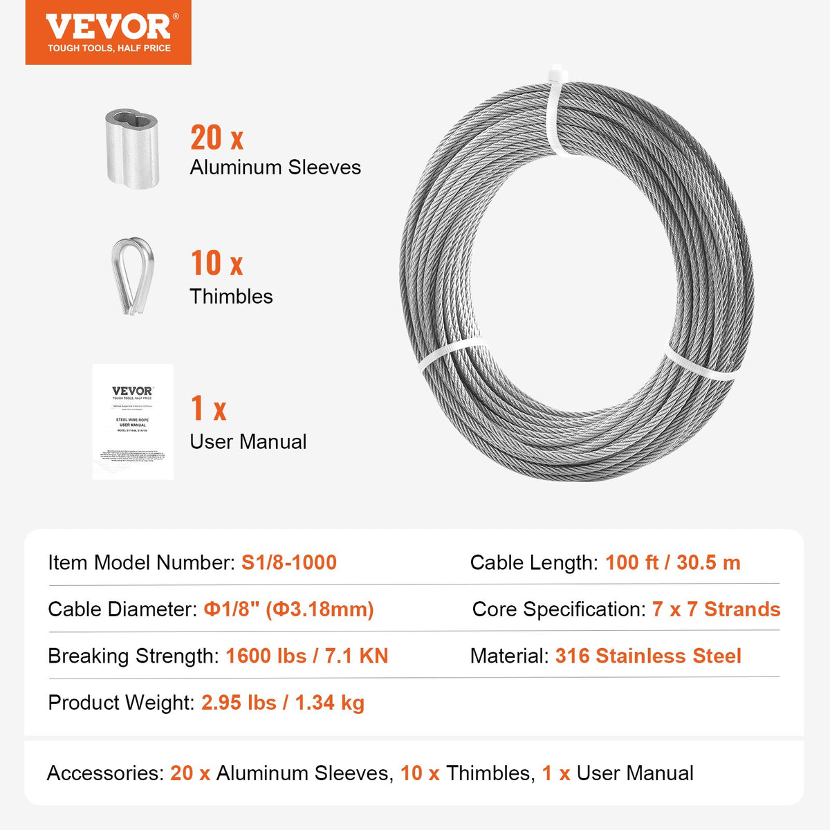VEVOR Wire Rope Kit, 1/8" 100 ft 316 Stainless Steel Cable with 20 Sleeves and 10 Thimbles, 1600 lbs Breaking Strength, 7x7 Strands Marine Aircraft Grade for Handrail Stair Decking Fence Outdoors - BXGGSSBXG316RO7QDV0 - view 8
